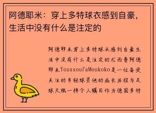 阿德耶米：穿上多特球衣感到自豪，生活中没有什么是注定的