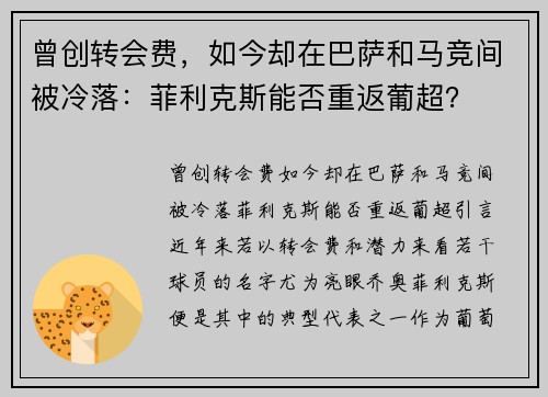 曾创转会费,如今却在巴萨和马竞间被冷落:菲利克斯能否重返葡超?