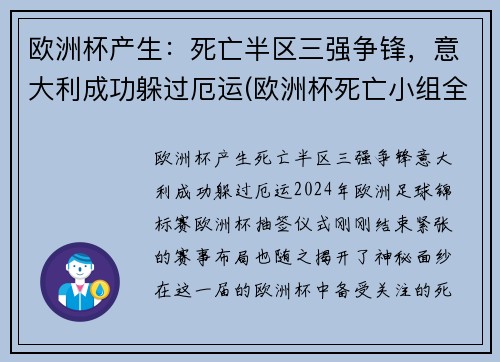 欧洲杯产生:死亡半区三强争锋,意大利成功躲过厄运(欧洲杯死亡小组全部出局)