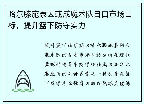 哈尔滕施泰因或成魔术队自由市场目标，提升篮下防守实力