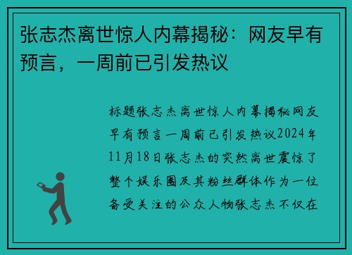 张志杰离世惊人内幕揭秘:网友早有预言,一周前已引发热议