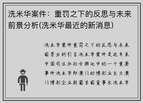 洗米华案件:重罚之下的反思与未来前景分析(洗米华最近的新消息)