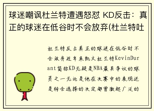 球迷嘲讽杜兰特遭遇怒怼 KD反击：真正的球迷在低谷时不会放弃(杜兰特吐槽)