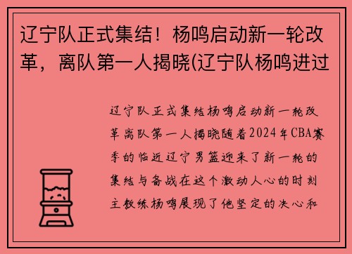 辽宁队正式集结!杨鸣启动新一轮改革,离队第一人揭晓(辽宁队杨鸣进过国家队吗)