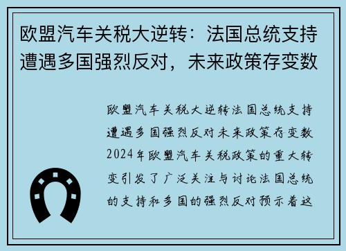 欧盟汽车关税大逆转:法国总统支持遭遇多国强烈反对,未来政策存变数