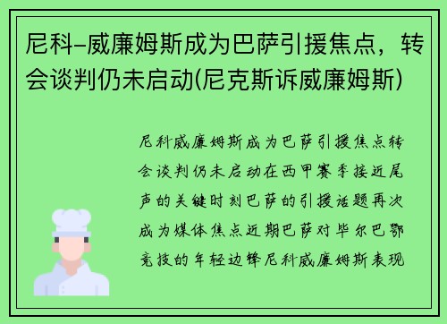 尼科-威廉姆斯成为巴萨引援焦点，转会谈判仍未启动(尼克斯诉威廉姆斯)