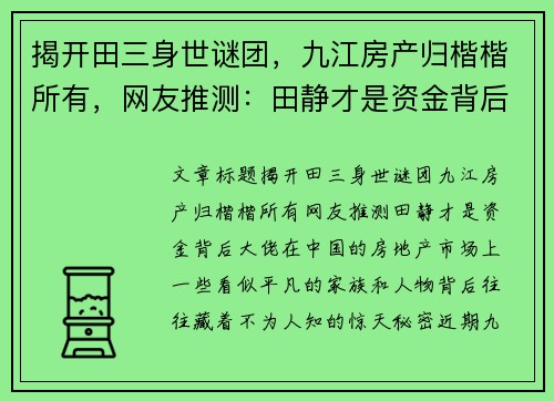 揭开田三身世谜团，九江房产归楷楷所有，网友推测：田静才是资金背后大佬