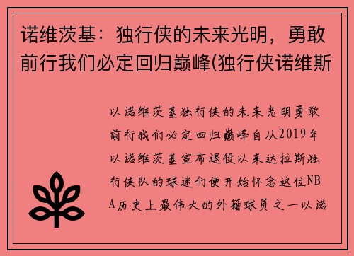 诺维茨基：独行侠的未来光明，勇敢前行我们必定回归巅峰(独行侠诺维斯基)
